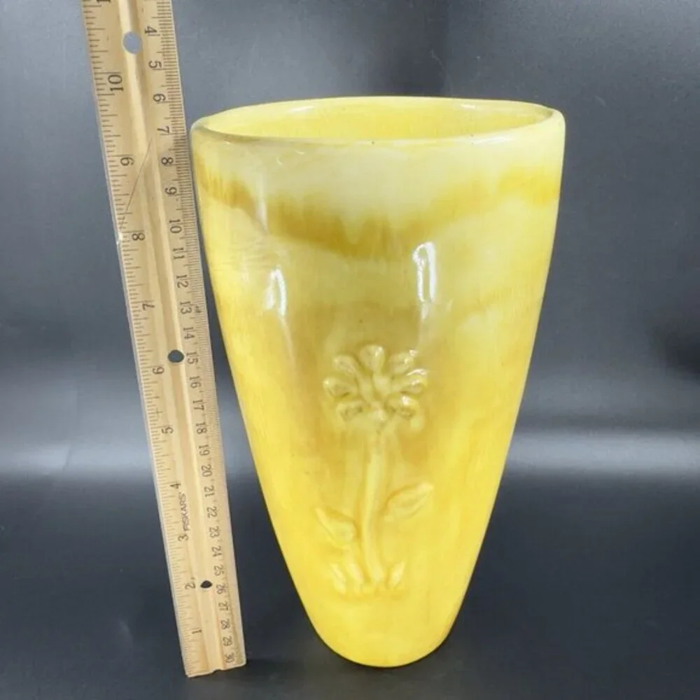 Antique Tall Yellow Pottery Vase‎ Embossed Flower USA Hand Made Vase Vessel VTG